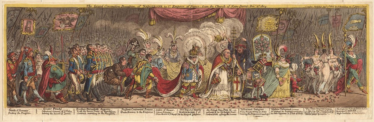 Der große Krönungszug von Napoleon I., Kaiser von Frankreich, von der Kirche Notre-Dame, 1805 von James Gillray