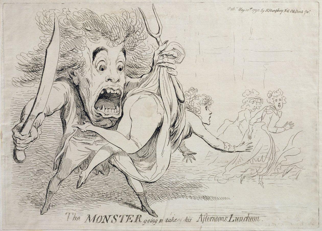 Das Monster geht zu seinem Nachmittagsimbiss, veröffentlicht von Hannah Humphrey im Jahr 1790 von James Gillray