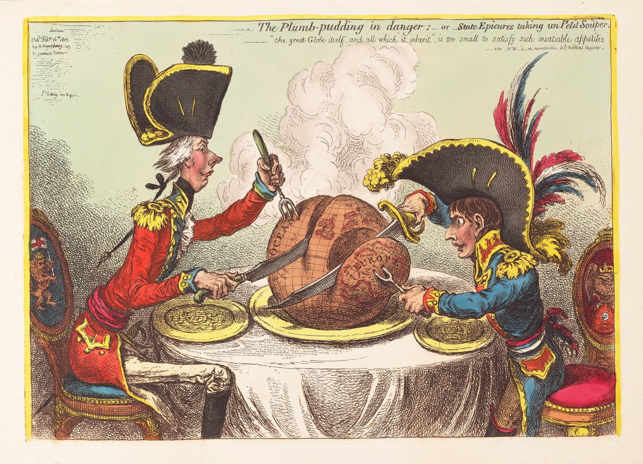 Der Pflaumenpudding in Gefahr oder Staatsfeinschmecker nehmen ein kleines Abendessen, veröffentlicht 1805 von James Gillray