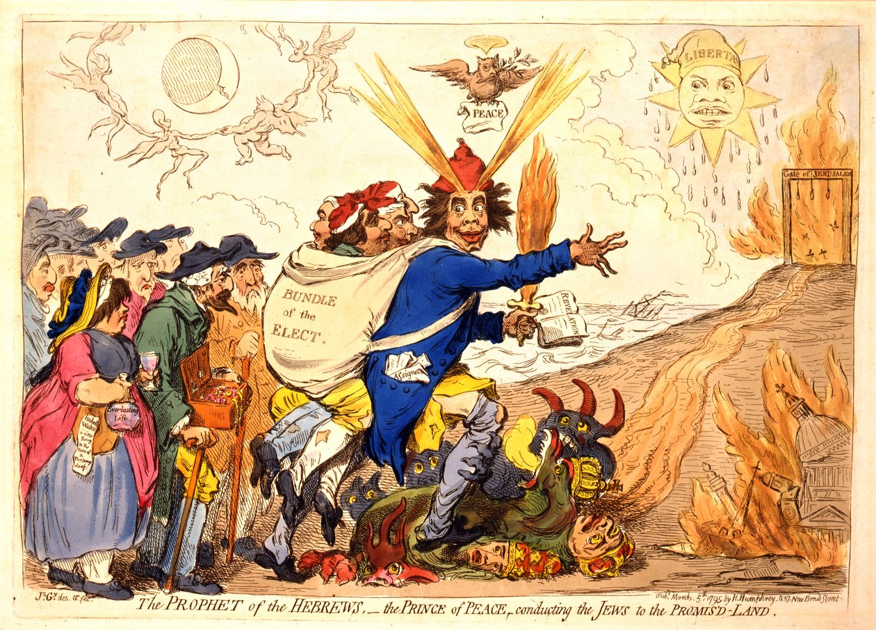 Der Prophet der Hebräer - der Friedensfürst führt die Juden ins Gelobte Land, veröffentlicht von Hannah Humphrey, 1795 (handkolorierte Gravur) von James Gillray