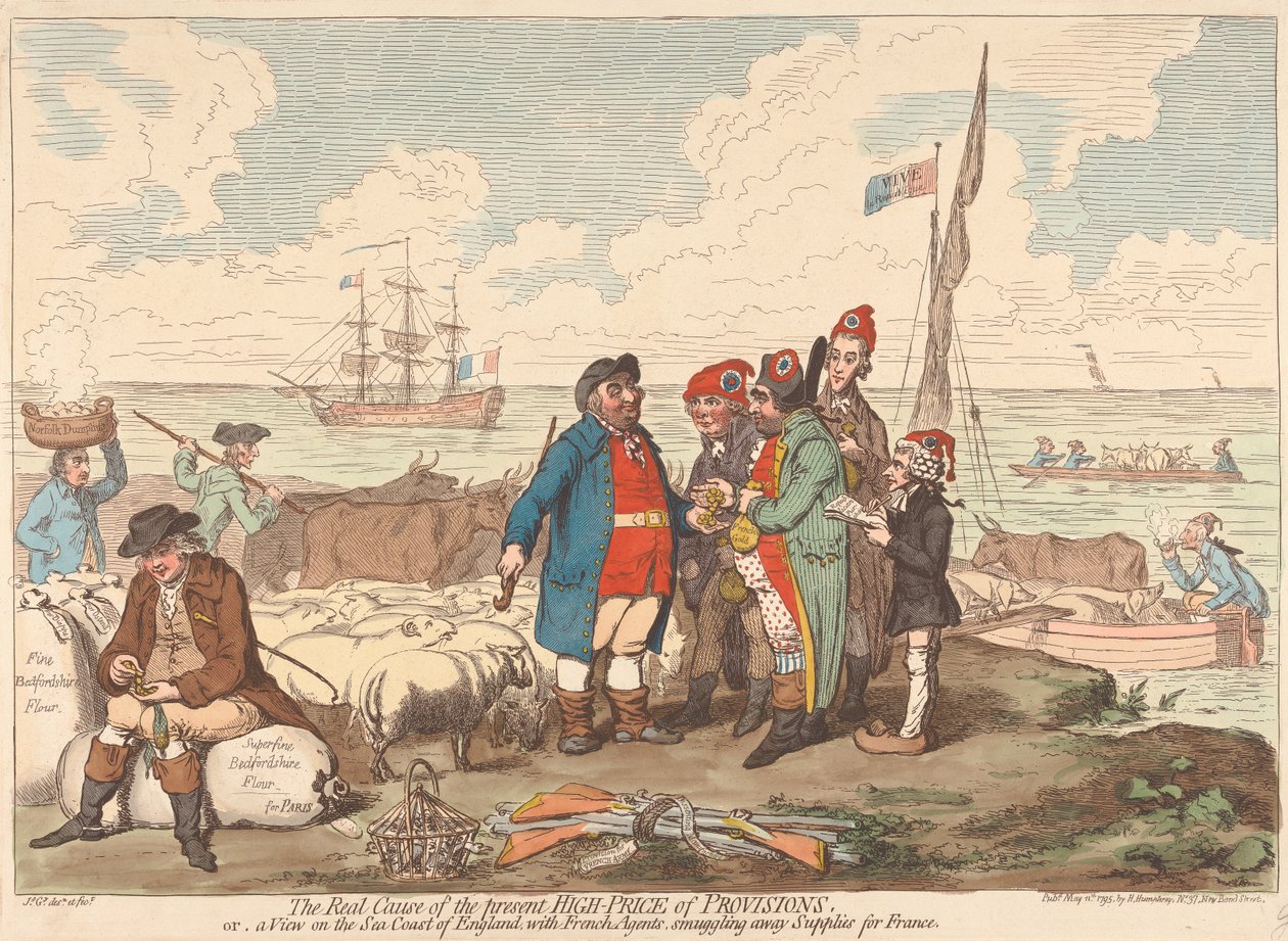 Die wahre Ursache der gegenwärtigen hohen Lebensmittelpreise oder Ein Blick auf die Küste Englands, mit französischen Agenten, die Vorräte nach Frankreich schmuggeln von James Gillray