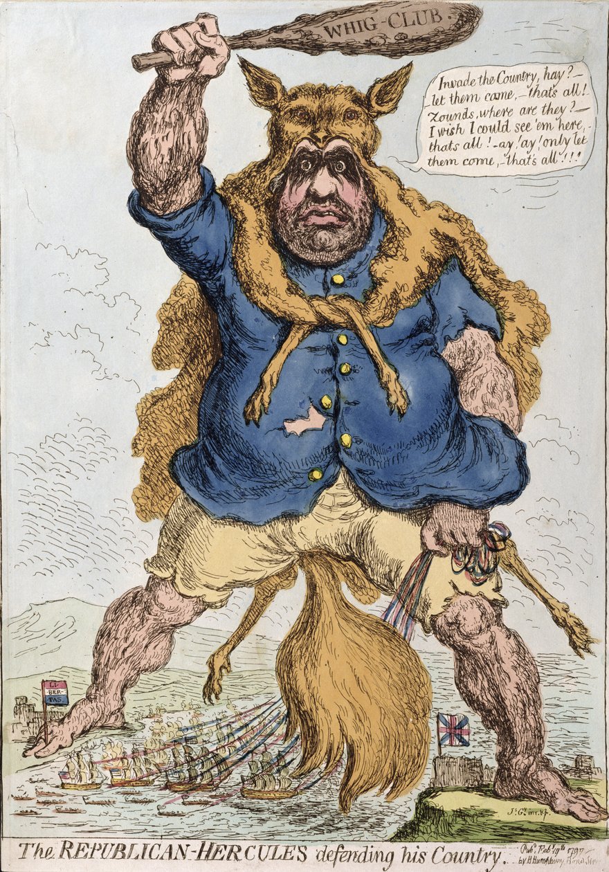 Der republikanische Herkules verteidigt sein Land, veröffentlicht von Hannah Humphrey 1797 (handkolorierte Radierung) von James Gillray