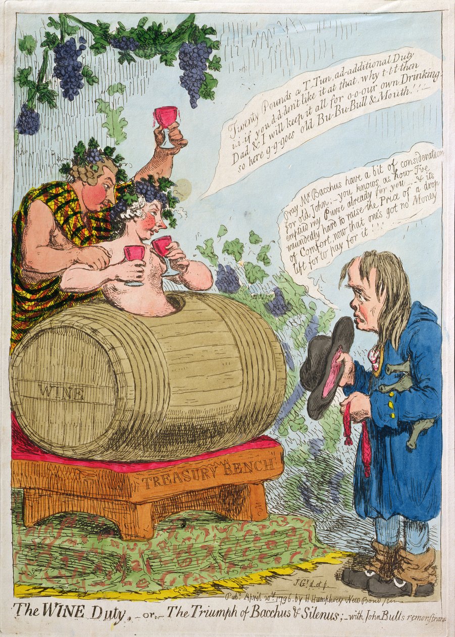 Die Weinzoll, oder Der Triumph von Bacchus und Silenus mit John Bulls Protest, veröffentlicht von Hannah Humphrey 1796 von James Gillray