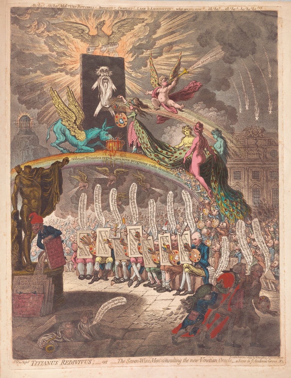 Titianus Redivivus oder die sieben Weisen beraten das neue venezianische Orakel, eine Szene im akademischen Hain Nr. 1 von James Gillray