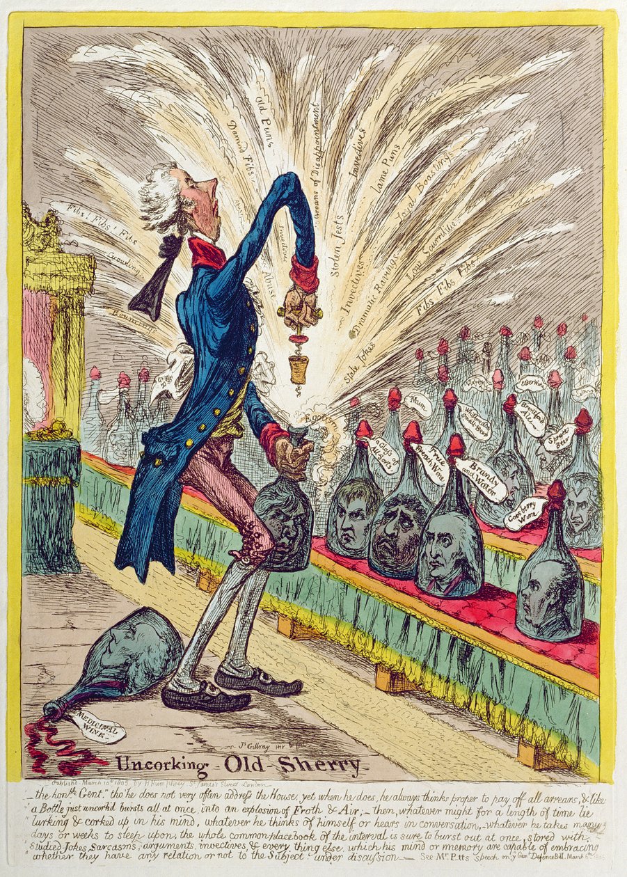 Entkorken von altem Sherry, veröffentlicht von Hannah Humphrey, 1805 von James Gillray