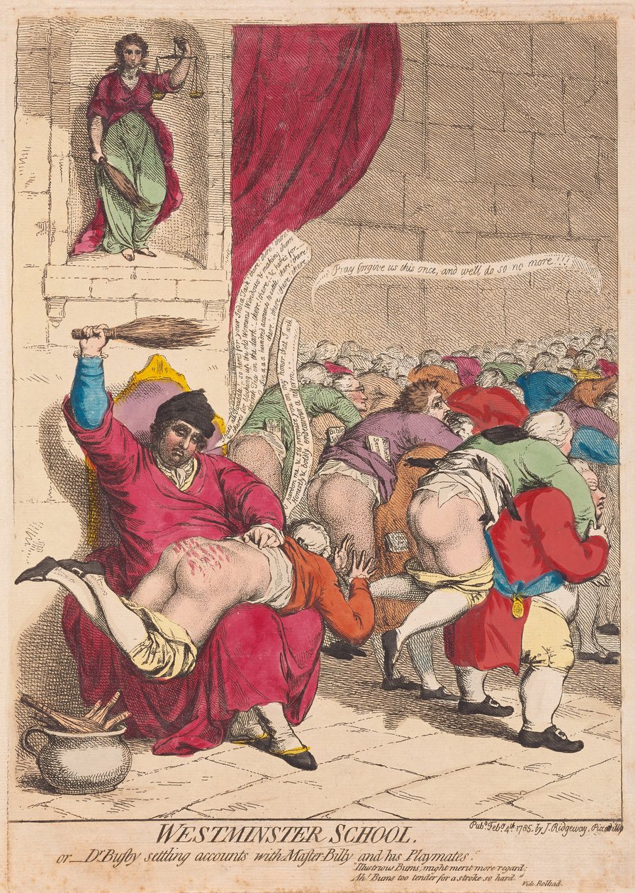 Westminster School oder Dr. Busby begleicht Rechnungen mit Meister Billy und seinen Spielkameraden, veröffentlicht 1785 (handkolorierter Stich) von James Gillray