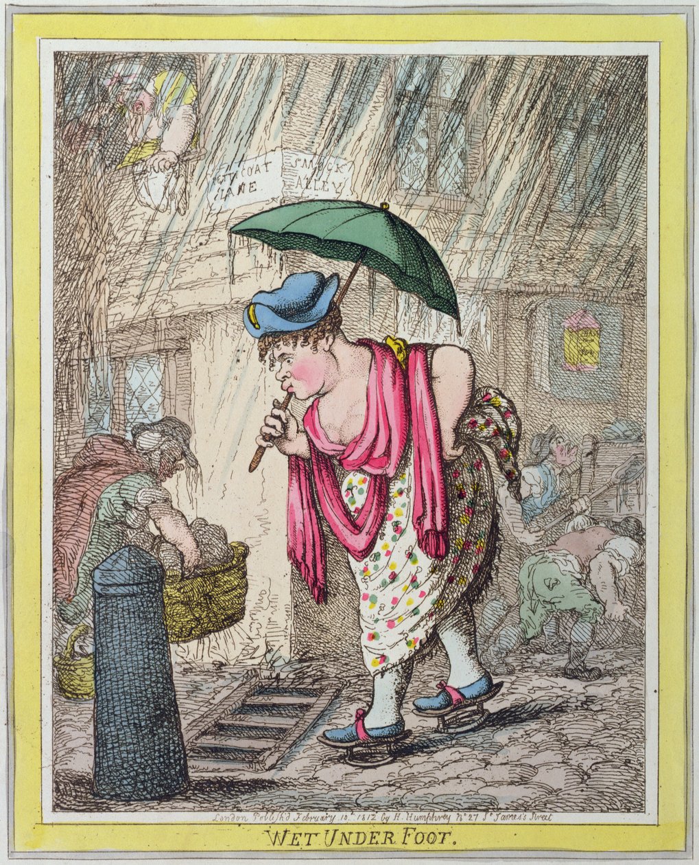 Nass unter den Füßen, veröffentlicht von Hannah Humphrey im Jahr 1812 von James Gillray