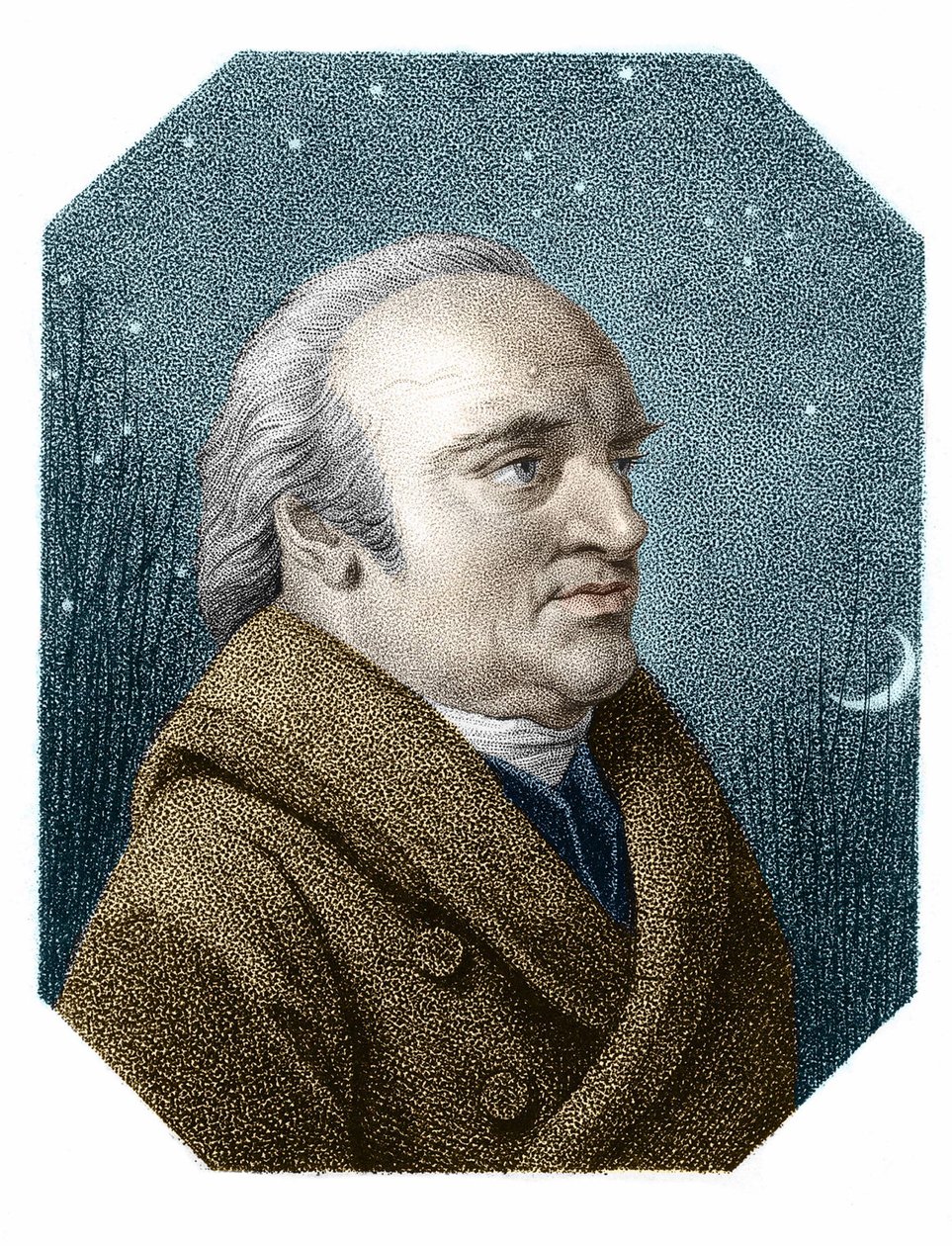 Porträt von William Herschel (1738-1822) vor einem sternenklaren Himmel - aus einem Kupferstich von James Godby von James Godby