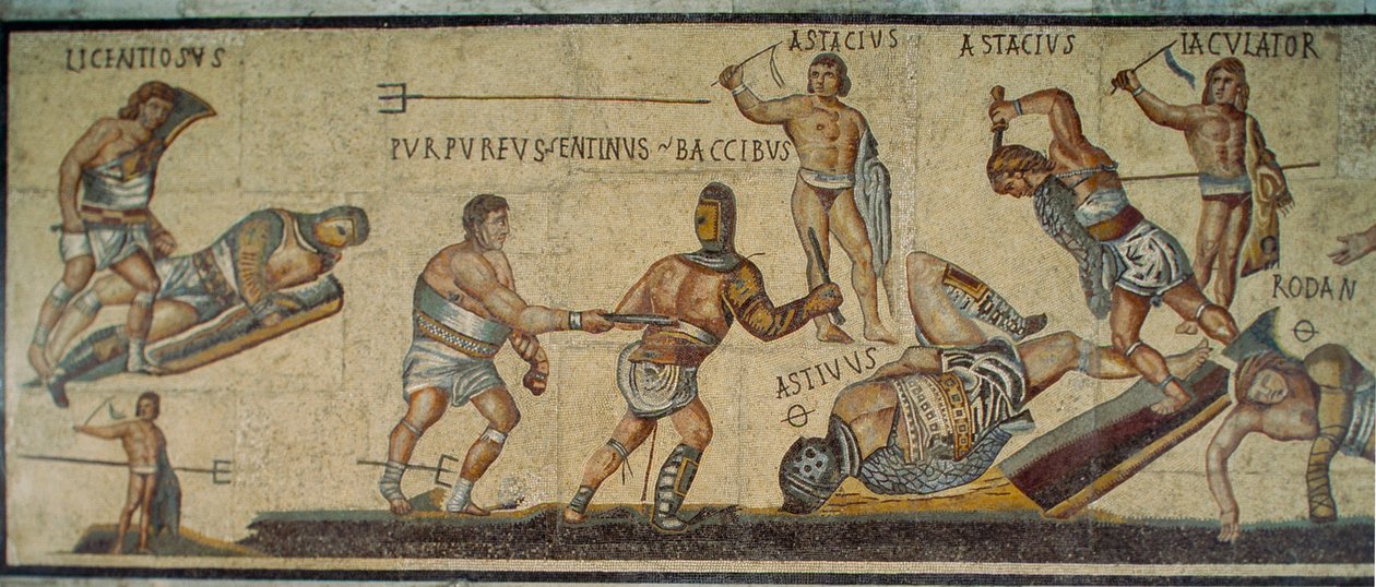 Ein römisches Mosaik zeigt Gladiatoren, die mit verschiedenen Waffen kämpfen. Galleria Borghese... von James L Stanfield