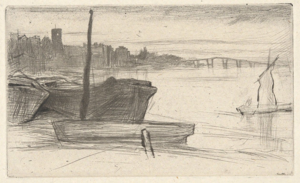 Chelsea Bridge und Kirche, aus dem Thames Set (Eine Serie von sechzehn Radierungen von Szenen an der Themse und anderen Motiven) von James McNeill Whistler