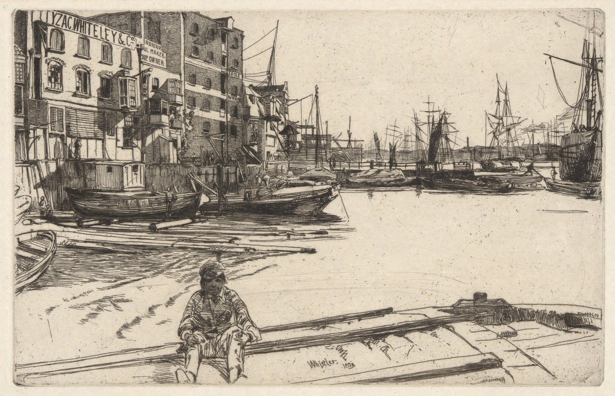 Eagle Wharf (Tyzac, Whiteley & Co.), aus der Thames-Serie (Eine Serie von sechzehn Radierungen von Szenen an der Themse und anderen Motiven) von James McNeill Whistler