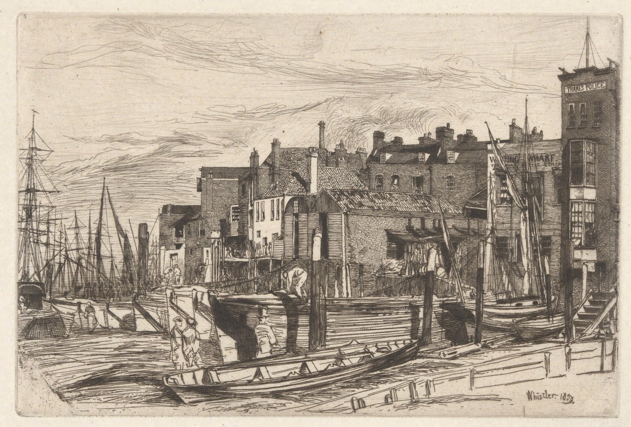 Thames Police (Wapping Wharf), aus der Thames Set (Eine Serie von Sechzehn Radierungen von Szenen auf der Themse und anderen Themen) von James Abbott McNeill Whistler