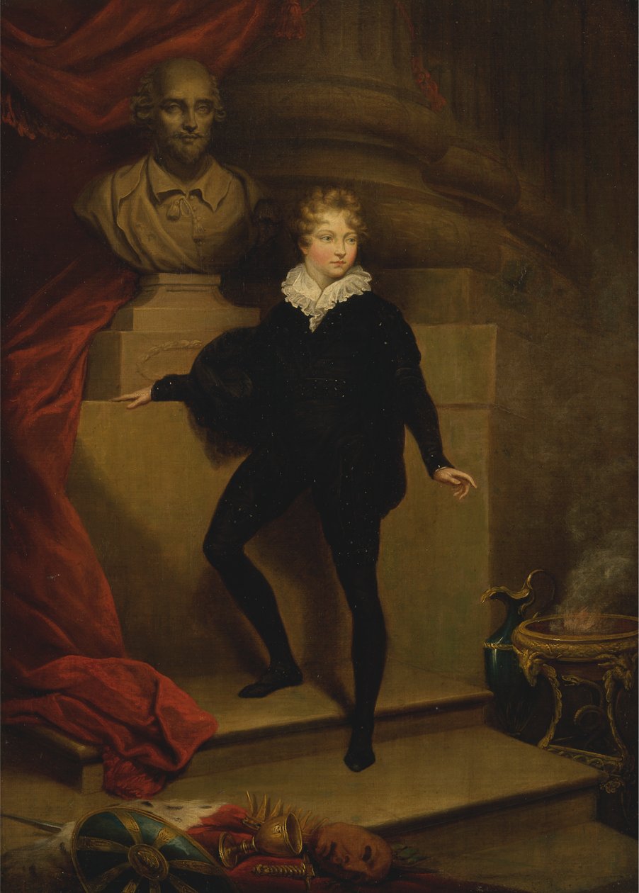 Meister Betty als Hamlet, vor einer Büste von Shakespeare von James Northcote