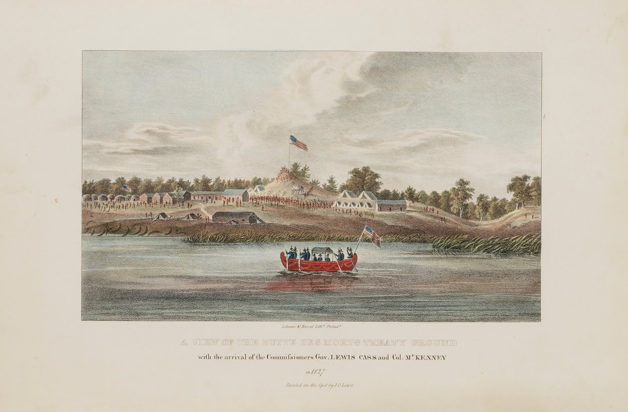 Ansicht des Butte Des Morts Vertragsgeländes; Mit der Ankunft der Kommissare Gov. Lewis Cass und Col. McKenny, aus dem Aboriginal Portfolio von James Otto Lewis