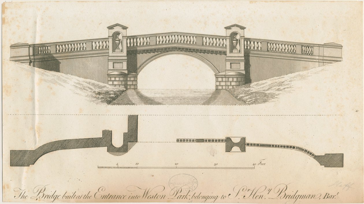 Weston-under-Lizard - Brücke am Eingang zum Weston Park: Gravur von James Paine