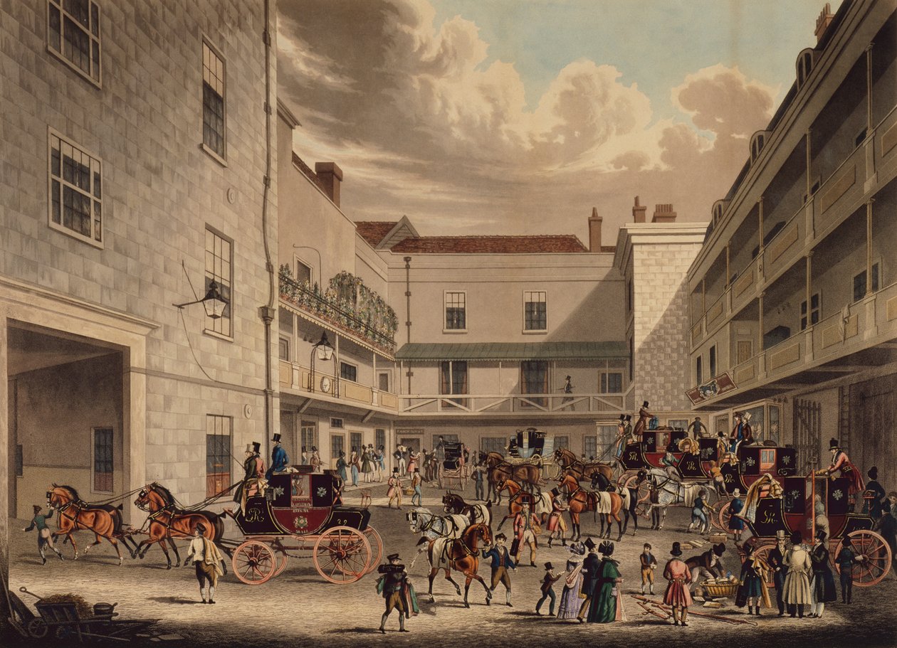 Königliche Postkutschen bereiten sich auf die Abfahrt nach Westengland im Hof des 