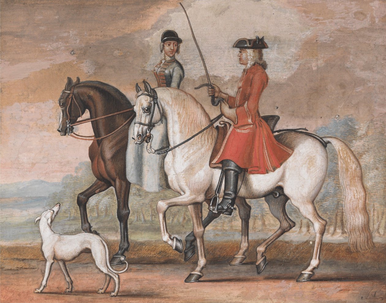 Ein Herr auf einem dressierten Pferd reitet mit einer Dame aus von James Seymour