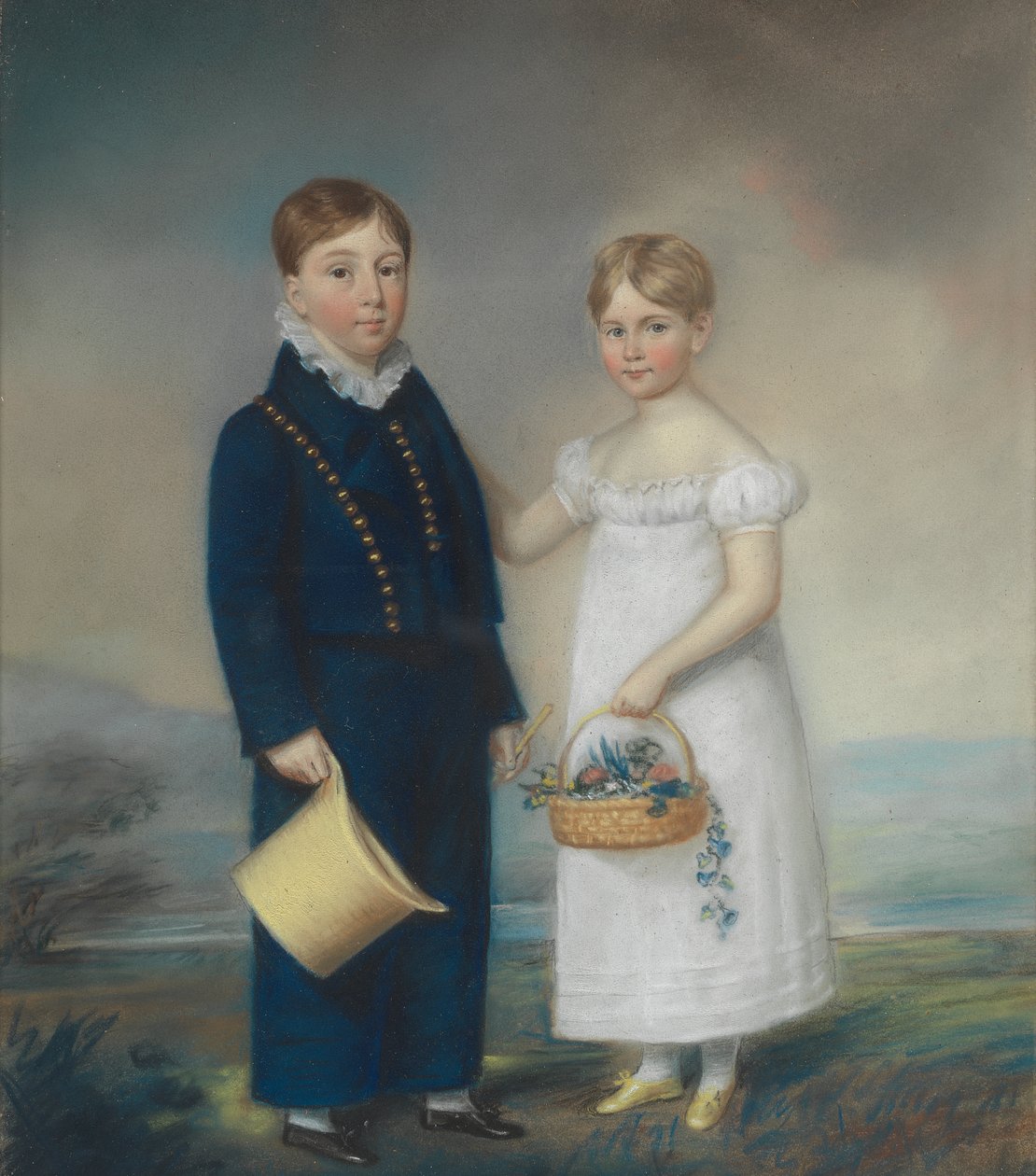 Junge mit Hut und Mädchen mit einem Korb Blumen, stehend in einer Landschaft von James Sharples