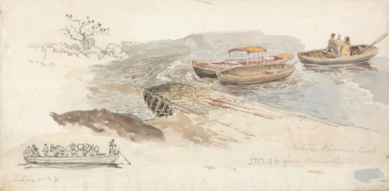 Ein überdachtes Boot und zwei Ruderboote an einem Steg; links ein Bleistiftstudie der Tintern Viehfährboot von James Ward