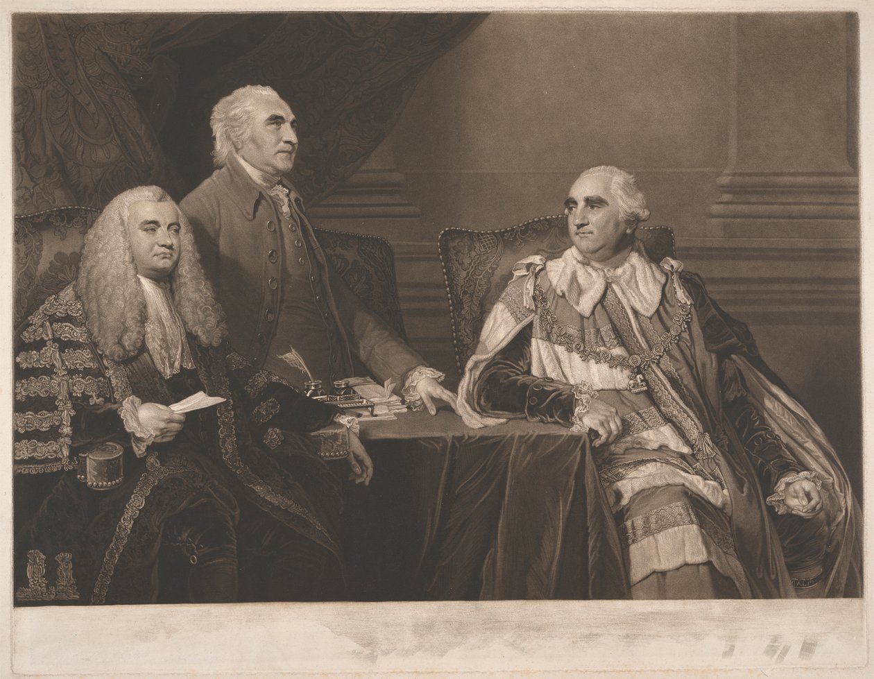 John Dunning, 1. Baron Ashburton, mit Colonel Isaac Barre und William Petty, 2. Earl of Shelburne, Marquis von Lansdowne von James Ward
