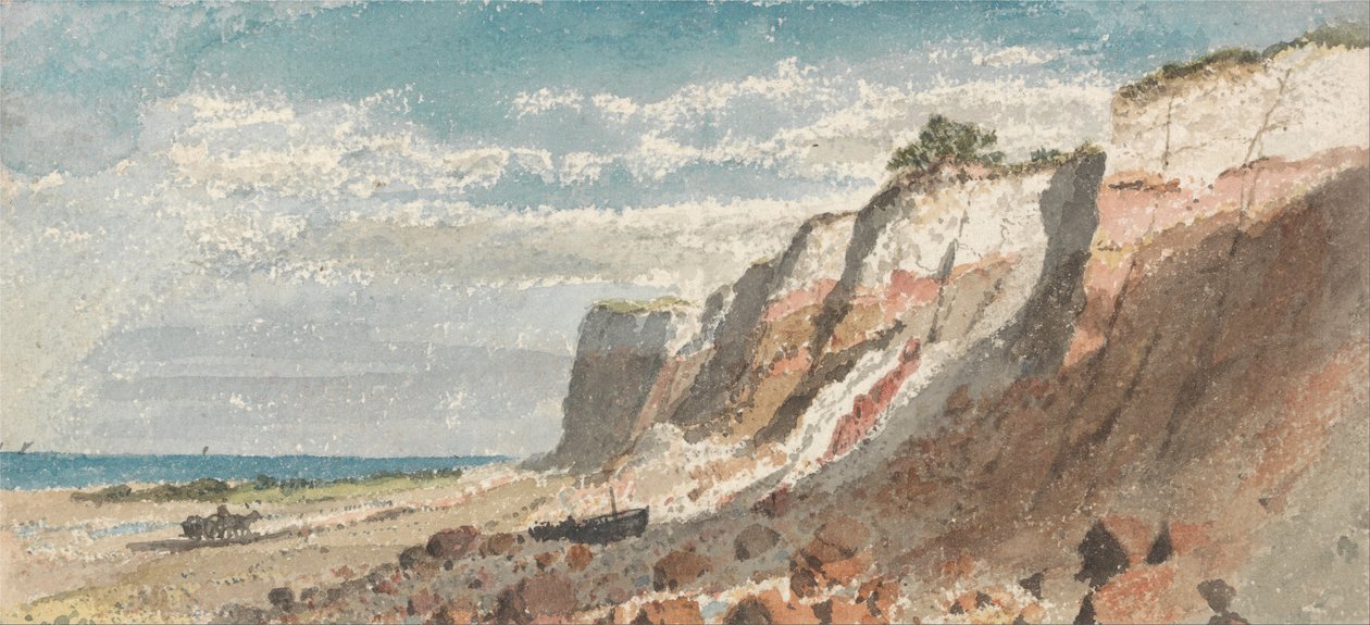 Küste und Klippen, mit einem Pferd und Wagen und einem gestrandeten Boot am Ufer von James Ward