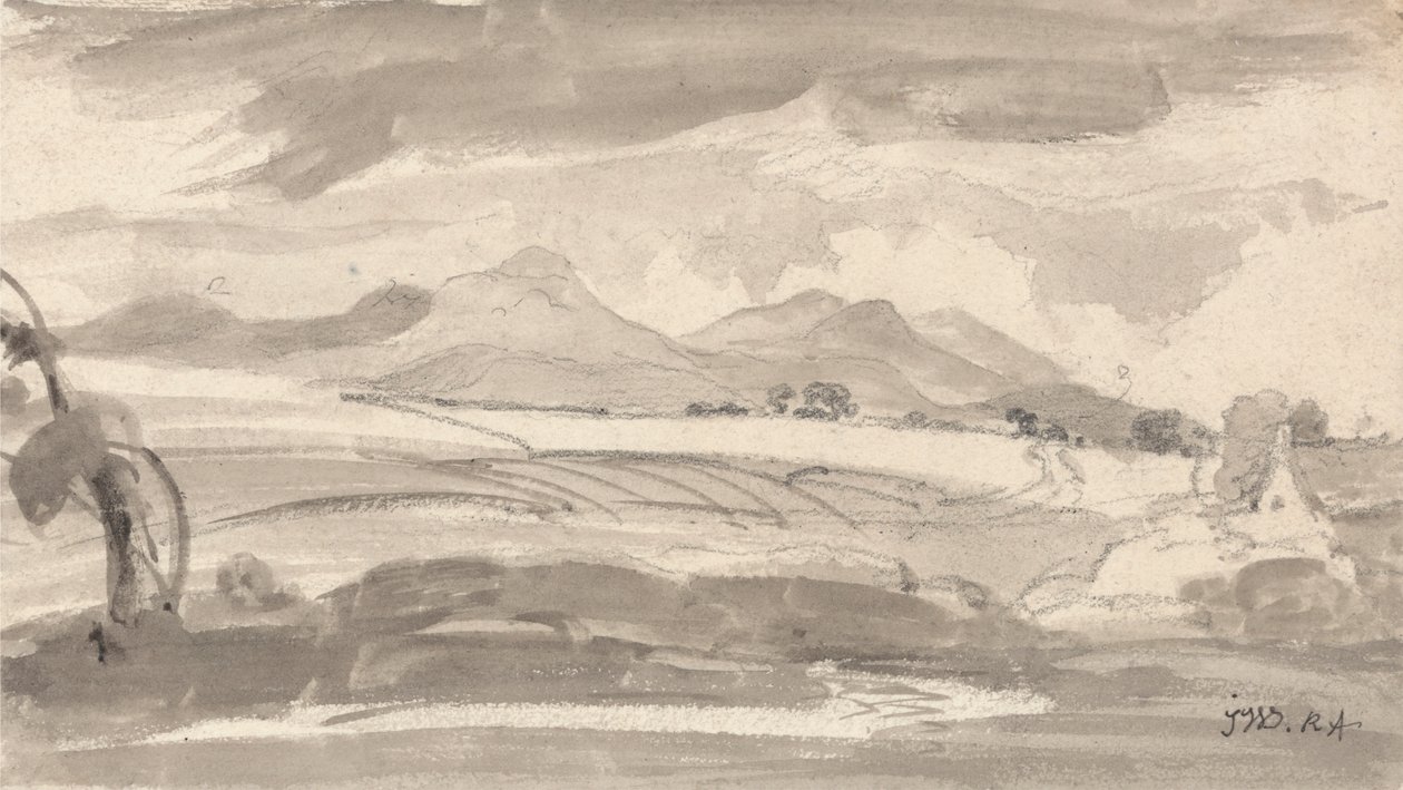 Blick über Felder zu fernen Bergen, mit einem Cottage rechts von James Ward