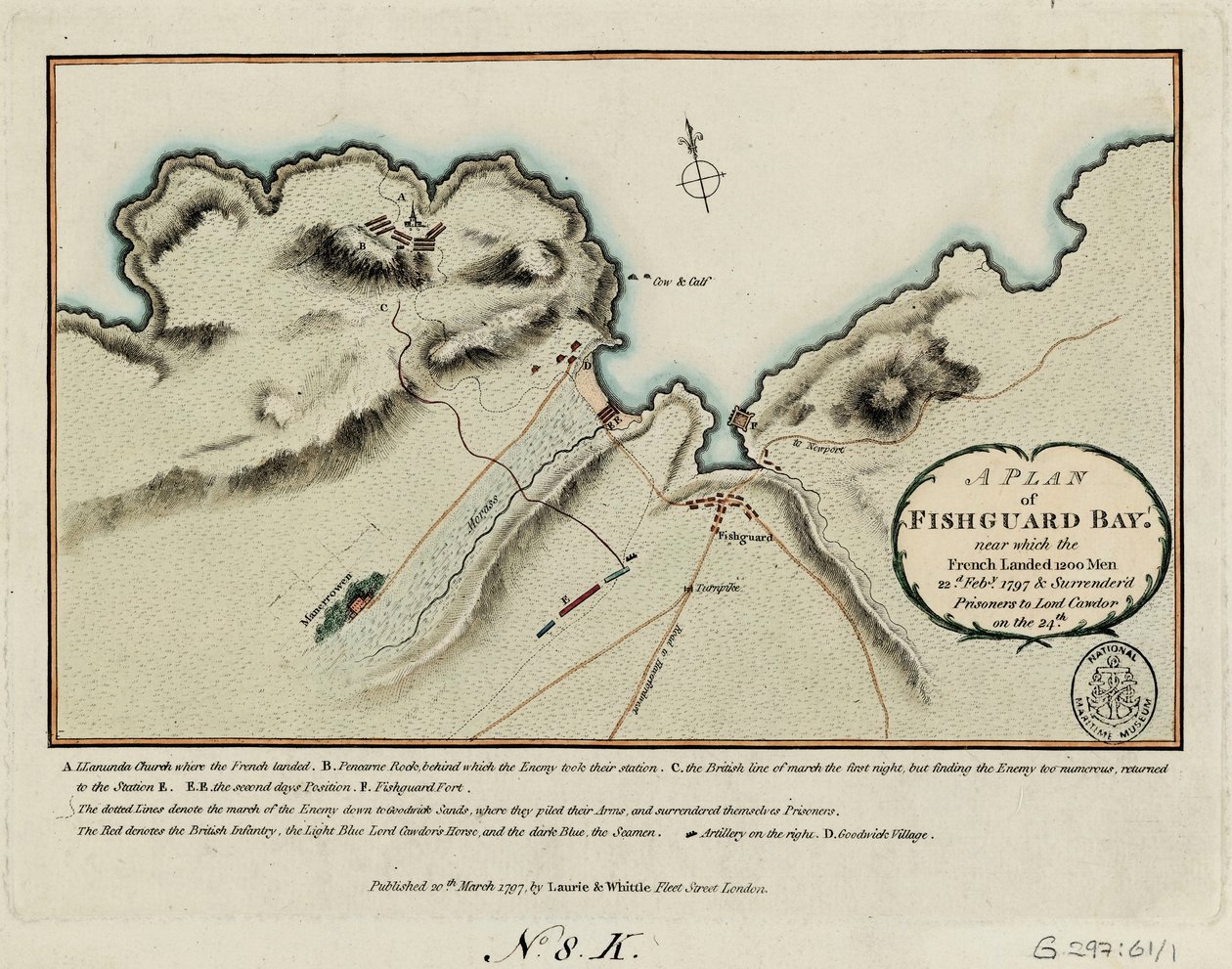 Ein Plan der Fishguard Bay, in der die Franzosen 1200 Mann am 22. Februar 1797 landeten und sich am 24. Lord Cawdor ergaben von James and Laurie Robert (1755 1836) Whittle