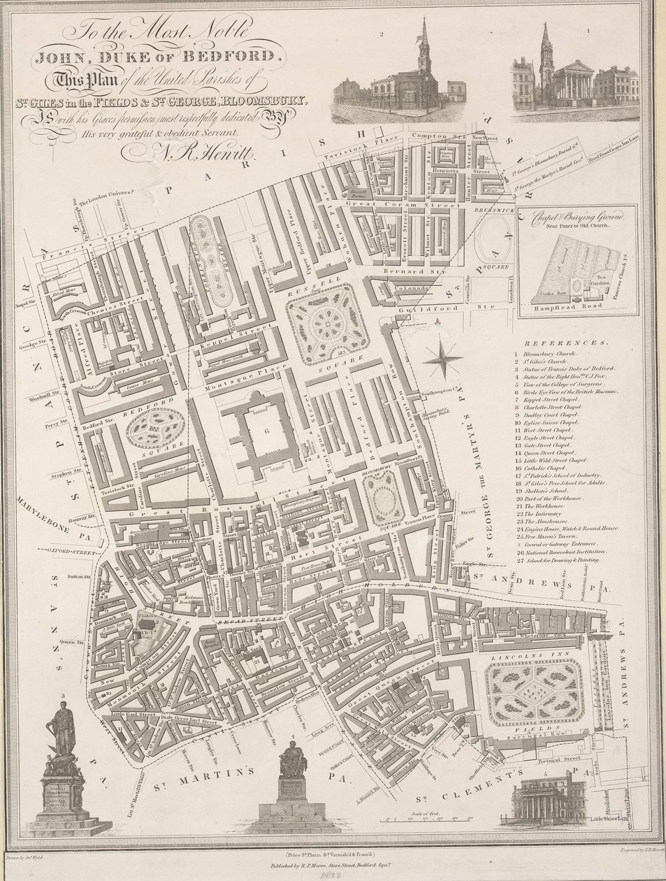 An den edelsten John, Herzog von Bedford. Dieser Plan der vereinigten Pfarreien von St. Giles in the Fields & St. George, Bloomsbury von James the Elder Wyld