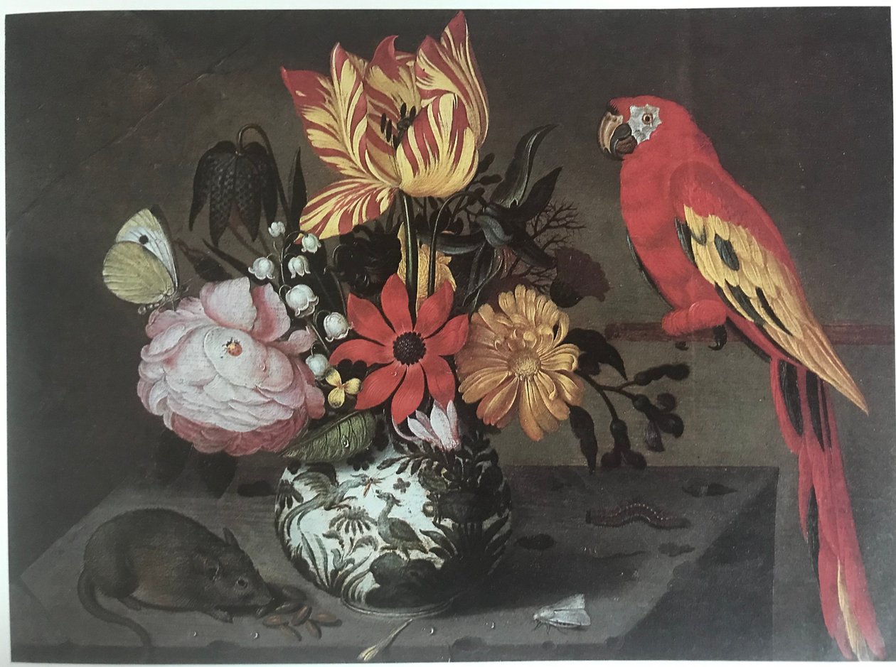 Blumenvase mit einer Maus und einem Papagei von Jan Baptist van Fornenburgh