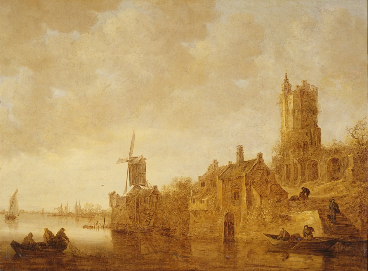 Flusslandschaft mit Windmühle und Burgruinen, 1644 von Jan Josephsz van Goyen