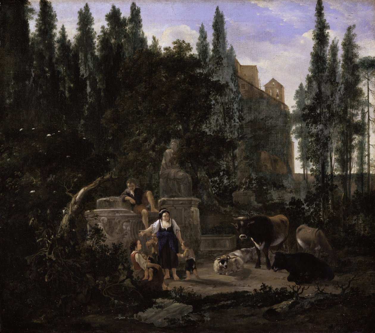 Eine italienische Landschaft mit Figuren und Vieh von Jan Lapp