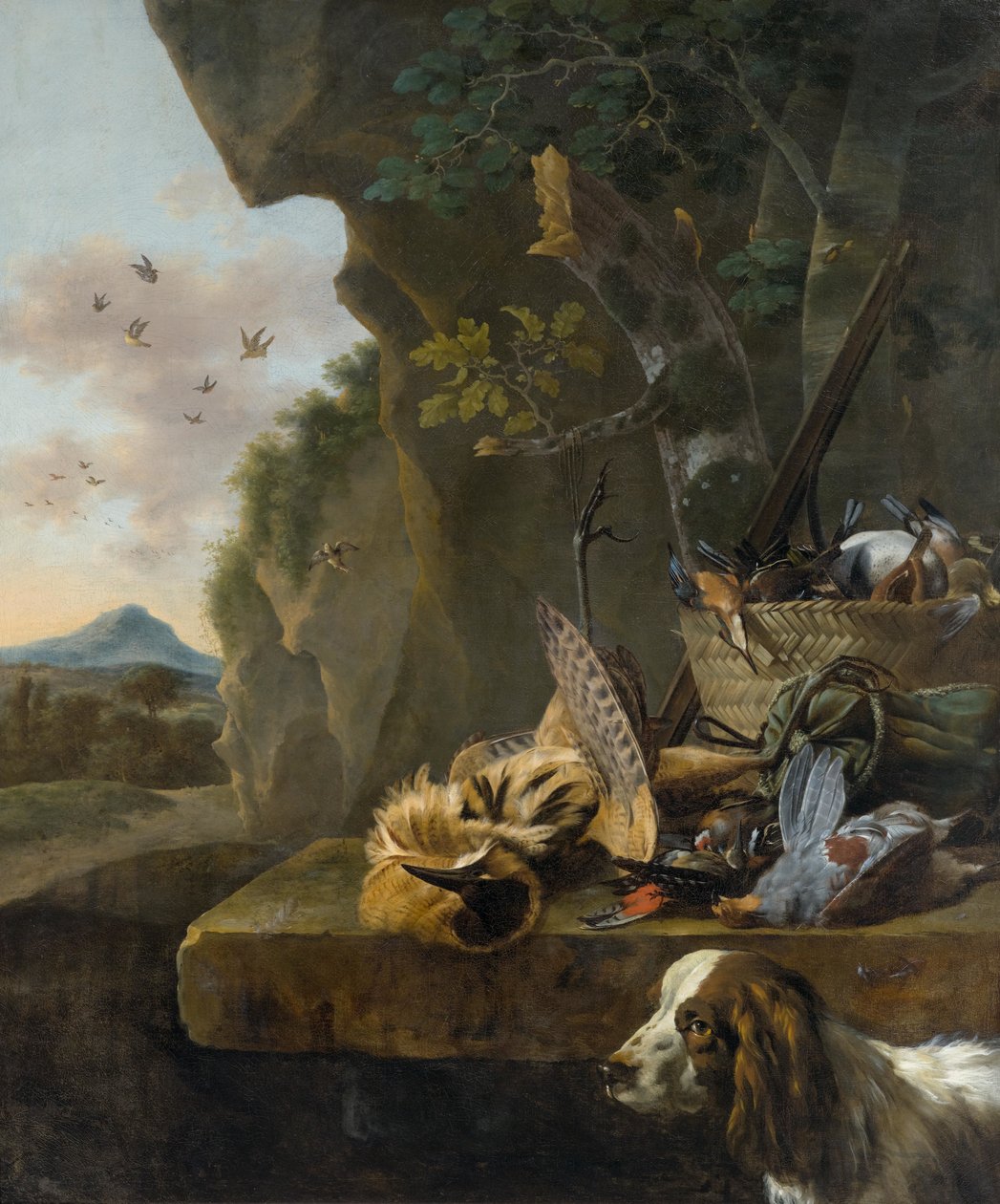 Jagdstillleben mit einer Rohrdommel und einem Hund in einer Landschaft von Jan Baptist Weenix