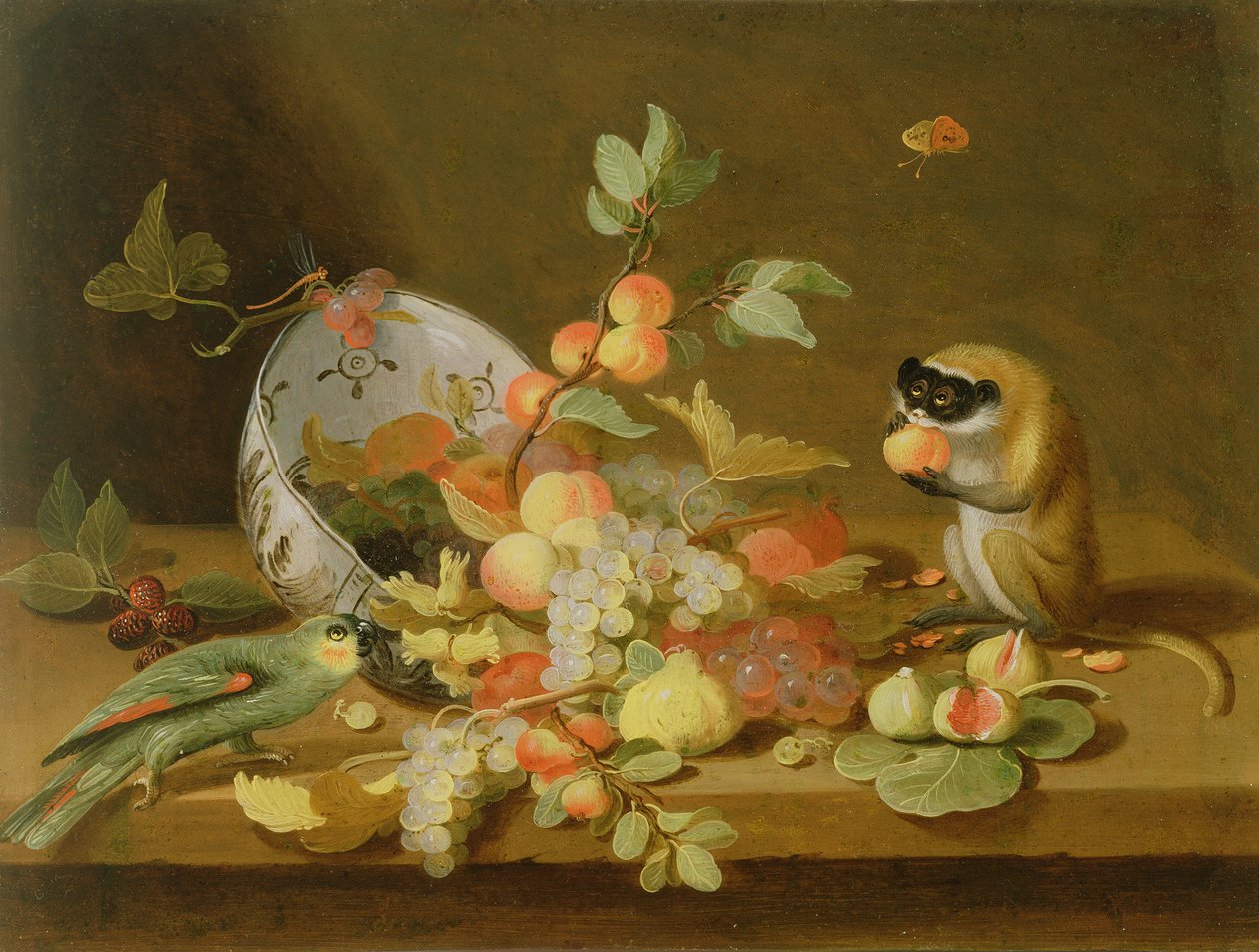 Trauben und Pfirsiche, die aus einer umgestürzten Delfter Schale fallen von Jan van Kessel the Elder