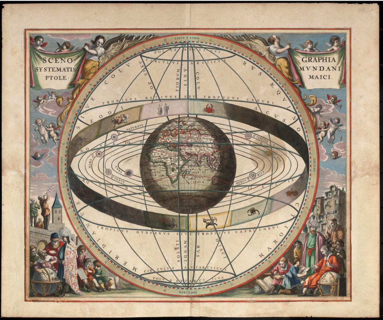 Aus Andreas Cellarius Harmonia Macrocosmica, 1660/61. Karte zeigt Tierkreiszeichen und Sonnensystem mit der Welt im Zentrum. Tafel 2 von Jan van Loon  