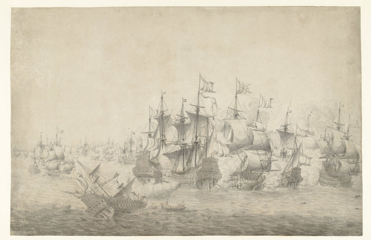 Eine Seeschlacht, möglicherweise bei Lowestoft am 13. Juni 1665 (linkes Blatt) von Jan Abrahamsz. Beerstraten (possibly)