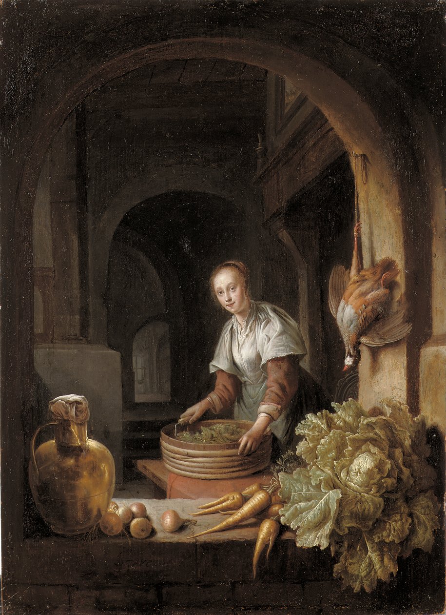 Eine Magd bereitet Gemüse in einer Küche zu von Jan Adriansz van Staveren