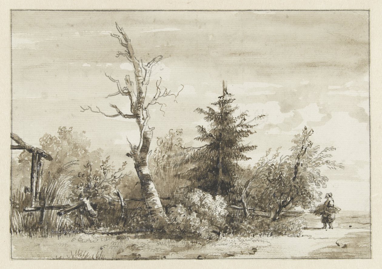 Landschaft mit Baumgruppe und rechts eine Holzsammlerin von Jan Apeldoorn