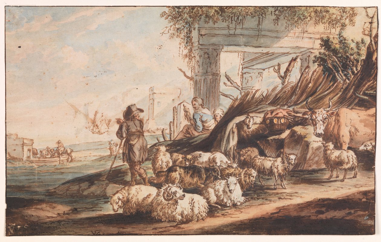 Hirte mit einer Schafherde und einer Kuh unter Ruinen von Jan Baptist Weenix