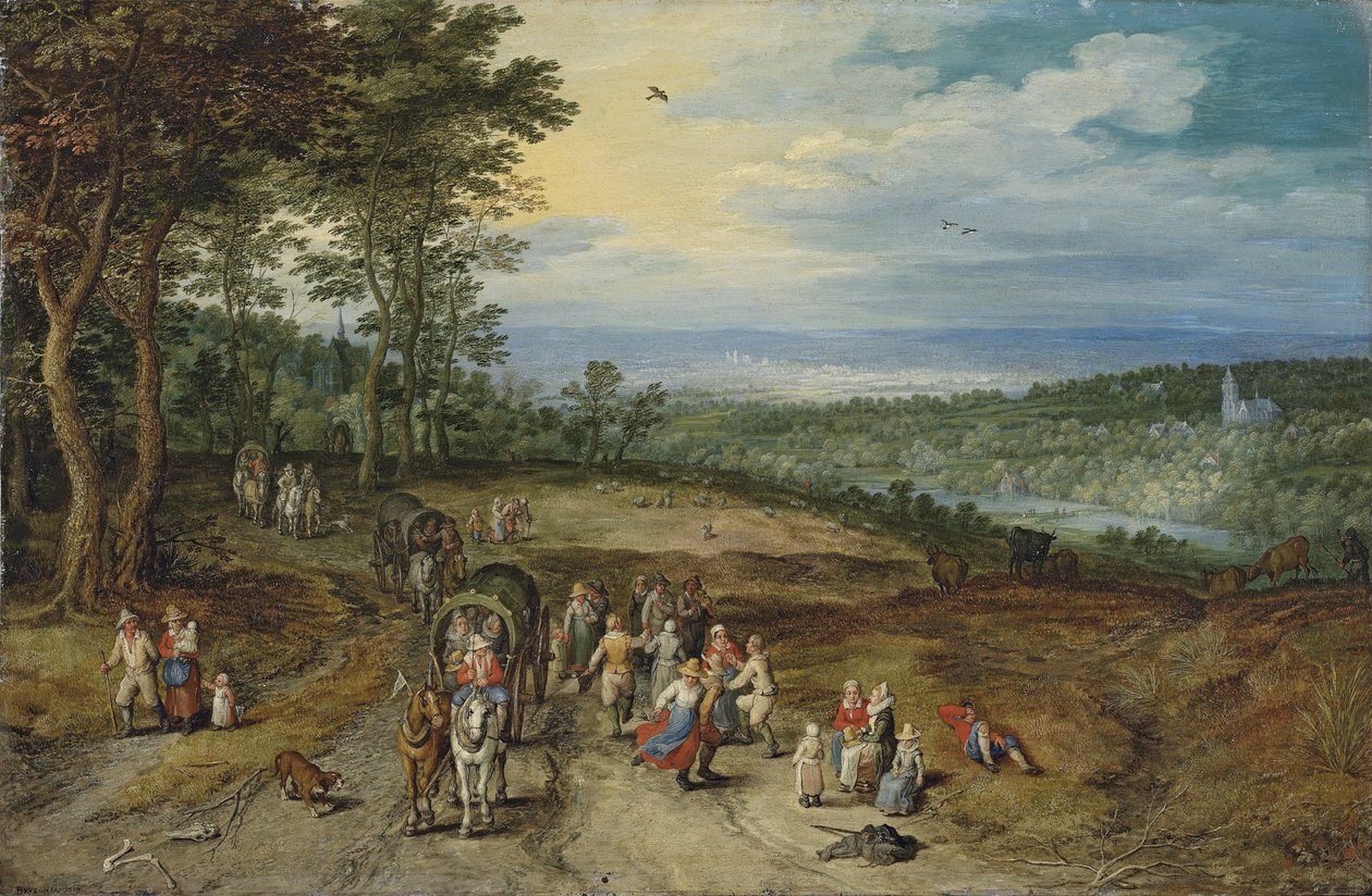 Weitläufige bewaldete Landschaft mit Reisenden auf einem Weg und tanzenden Bauern im Vordergrund von Jan Brueghel the Elder