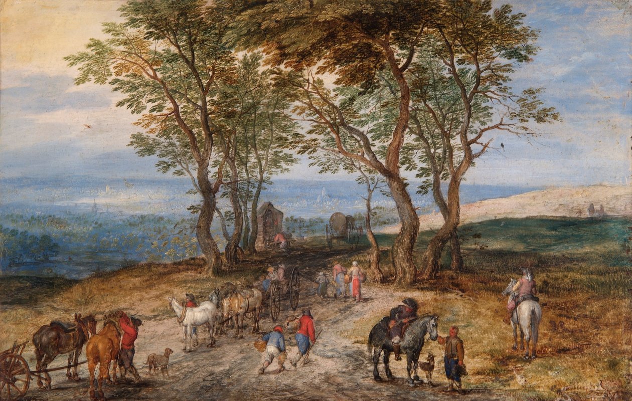 Ländliche Straßenszene mit Figuren: ein Mann betet an einem Schrein, um 1610 von Jan Brueghel the Elder