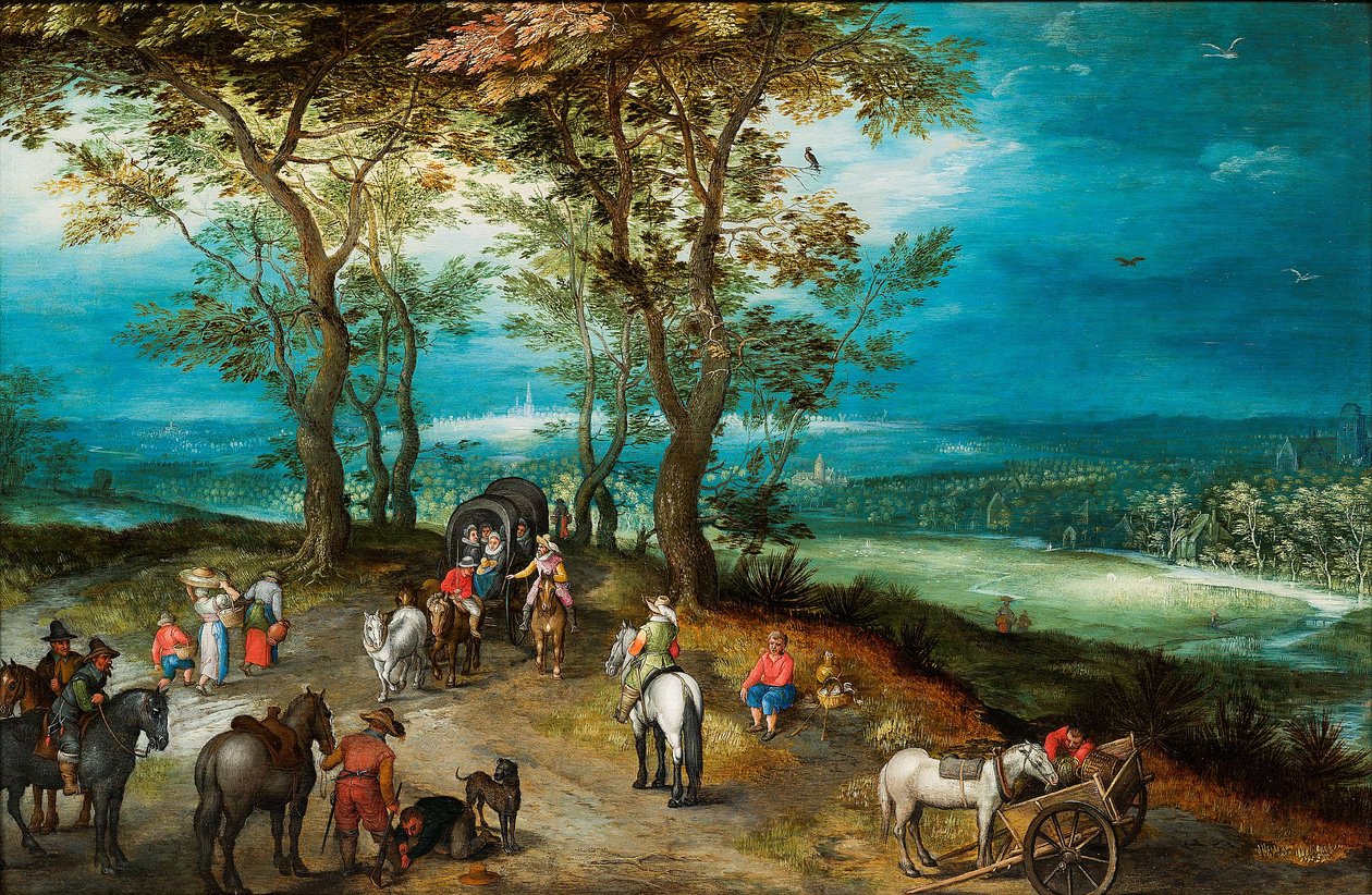 Weitläufige Landschaft mit Pferdekarren und Reisenden auf einer Straße von Jan Brueghel the Younger