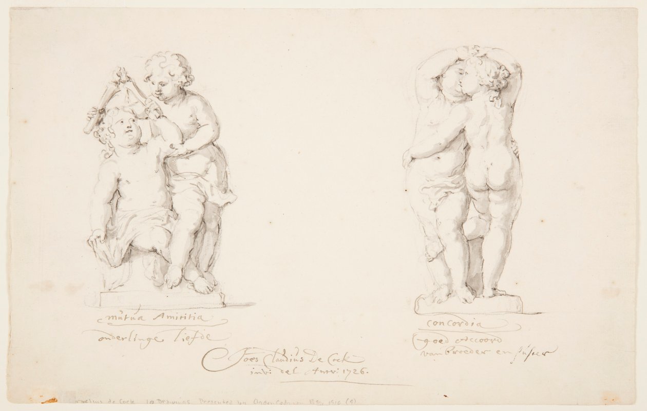 Zeichnung, Entwürfe für eine Statuengruppe: "Freundschaft", "Eintracht", 1726 von Jan Claudius de Cock
