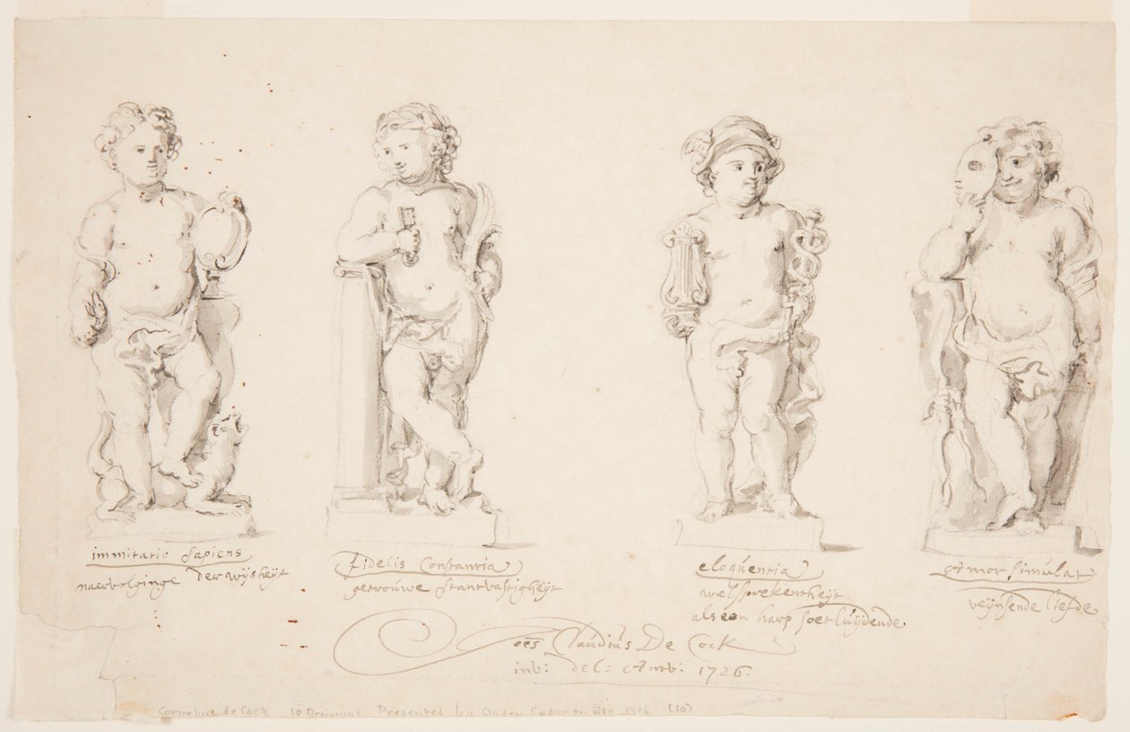 Zeichnung, Entwürfe für Statuen: "Weisheit", "Beständigkeit", "Eloquenz", "Verkleideter Amor", 1726 von Jan Claudius de Cock