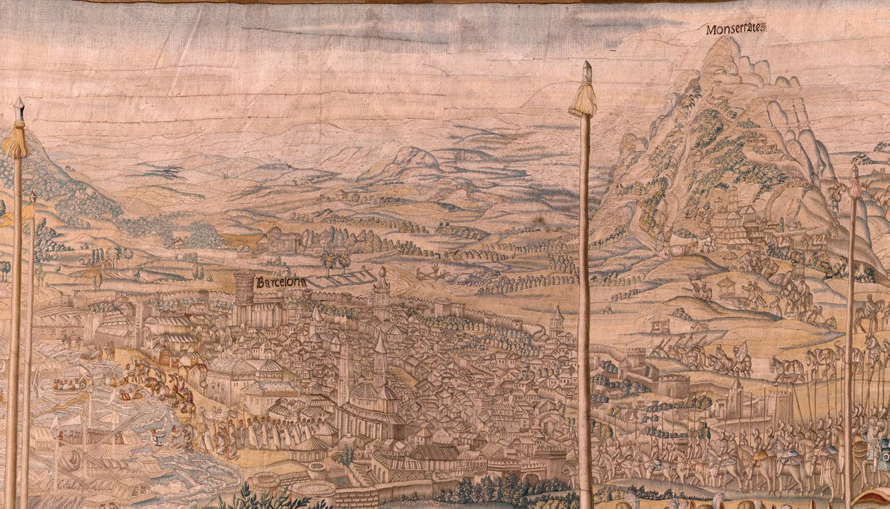 Flämischer Wandteppich. Serie Die Eroberung von Tunis; Truppeninspektion in Barcelona (La revista de las tropas en Barcelona). Zweiter Wandteppich in der Serie. Modell Jan Vermeyen und Pieter Coecke van Aelst. 1543-1548. Herstellung Real Fábrica de Tapices von Jan Cornelisz Vermeyen