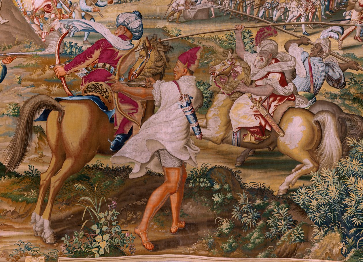 Flämischer Wandteppich. Serie Die Eroberung von Tunis. Der Angriff auf La Goleta (Ataque a la Goleta). Vierter Wandteppich in der Serie. Modell Jan Vermeyen und Pieter Coecke van Aelst. 1543-1548. Herstellung Real Fábrica de Tapices de Santa Bárbara, Madri von Jan Cornelisz Vermeyen