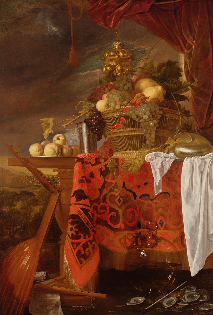 Ein Korb mit gemischtem Obst, vergoldeter Becher, Silberkelch, Nautilus, Glas und Pfirsiche auf einem Teller von Jan Davidsz de Heem