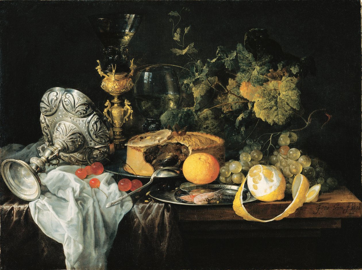 Prunkstillleben mit Früchten, Pastete und Trinkgeschirr, 1651 von Jan Davidsz. de Heem