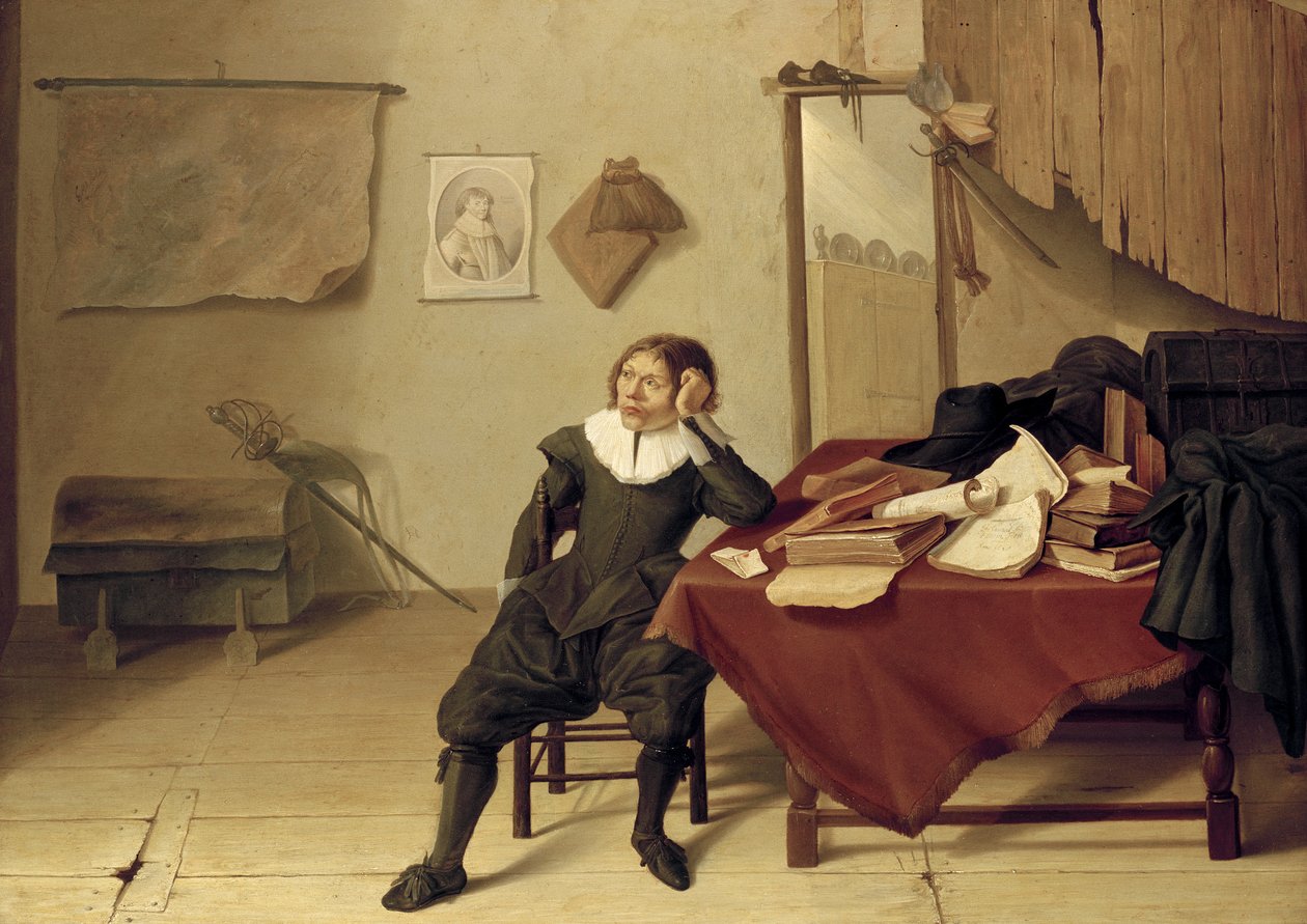 Innenraum eines Zimmers mit einem Mann, der an einem Tisch sitzt, 17. Jahrhundert von Jan Davidsz de Heem