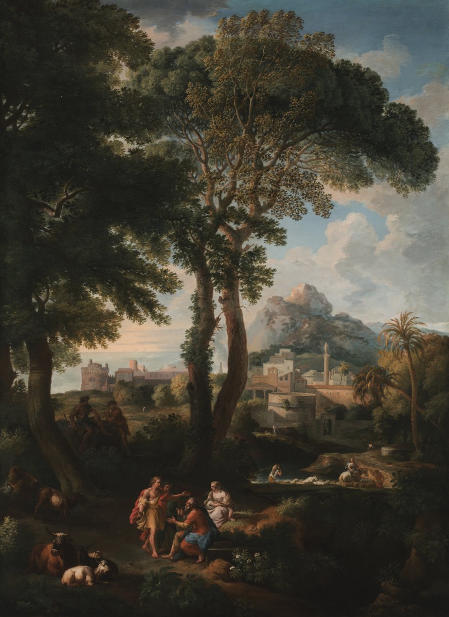 Eine klassische Flusslandschaft mit Figuren, die sich auf einer Straße im Vordergrund begrüßen, mit Blick auf eine Stadt in der Ferne von Jan Frans van Bloemen