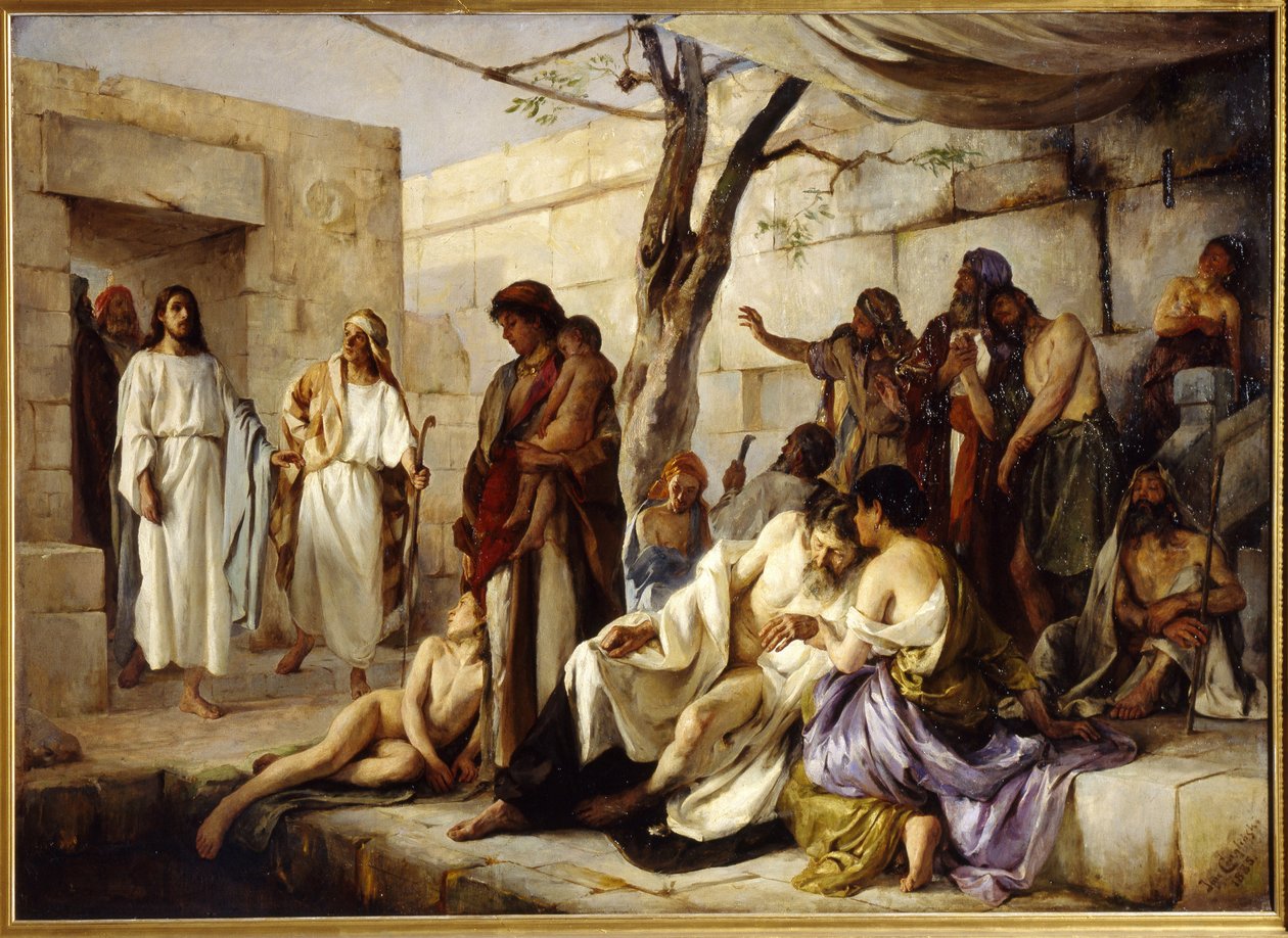Das Wunder am Teich Bethesda. Auf dem Weg von Beth Zeta (Israel) nach Jerusalem nähert sich Jesus Christus dem Teich, wo sich die Gelähmten versammeln, und heilt auf wundersame Weise einen Kranken. Gemälde von Jan von Jan Franzevich Cloginsky